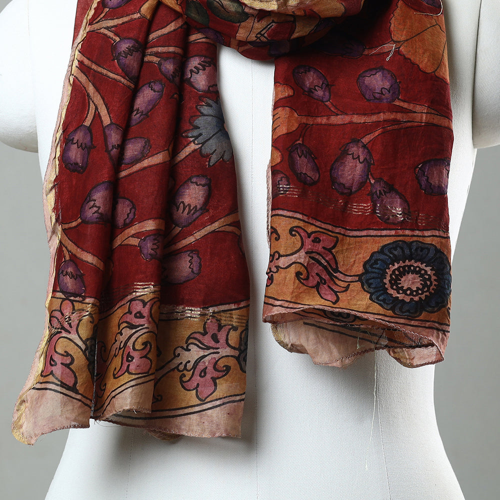 Red - Srikalahasti Pen Work Kalamkari Handpainted Chanderi Silk Stole 06