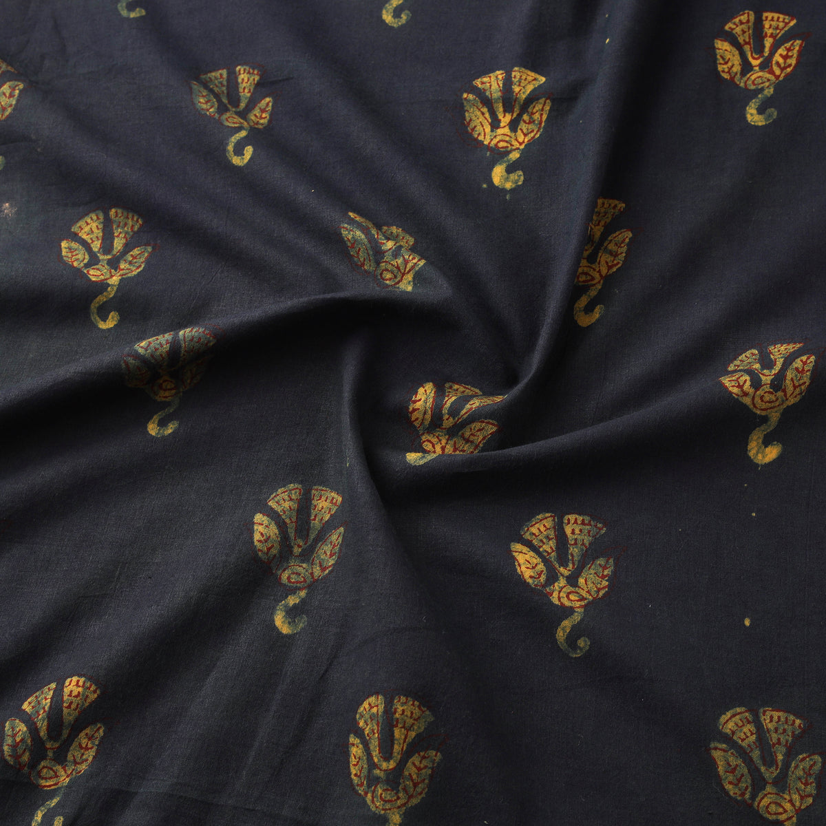 Green - Hand Block Print Natural Dyed Cotton Nandana Fabric 01