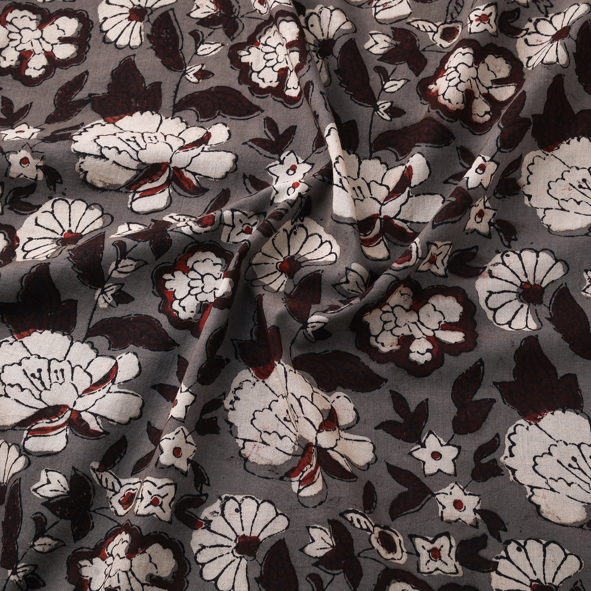 Grey - Hand Block Print Natural Dyed Cotton Nandana Fabric 06