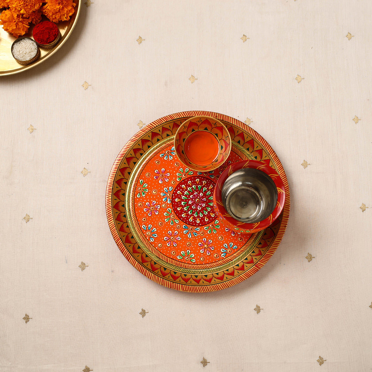 Handpainted Stainless Steel Pooja Thali, Kalash & Bowl 65