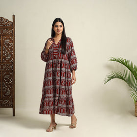 Buy Red Block Print Mul Cotton Tiered Bagh Dress