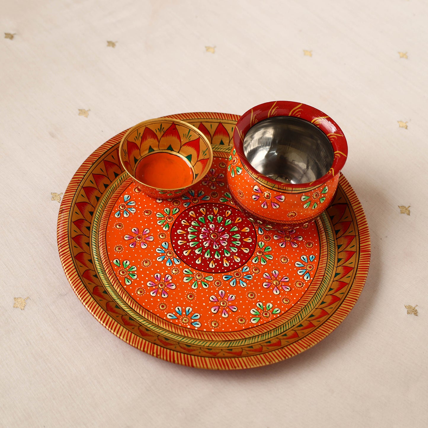 Handpainted Stainless Steel Pooja Thali, Kalash & Bowl 65