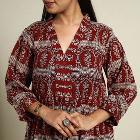 Buy Red Block Print Mul Cotton Tiered Bagh Dress