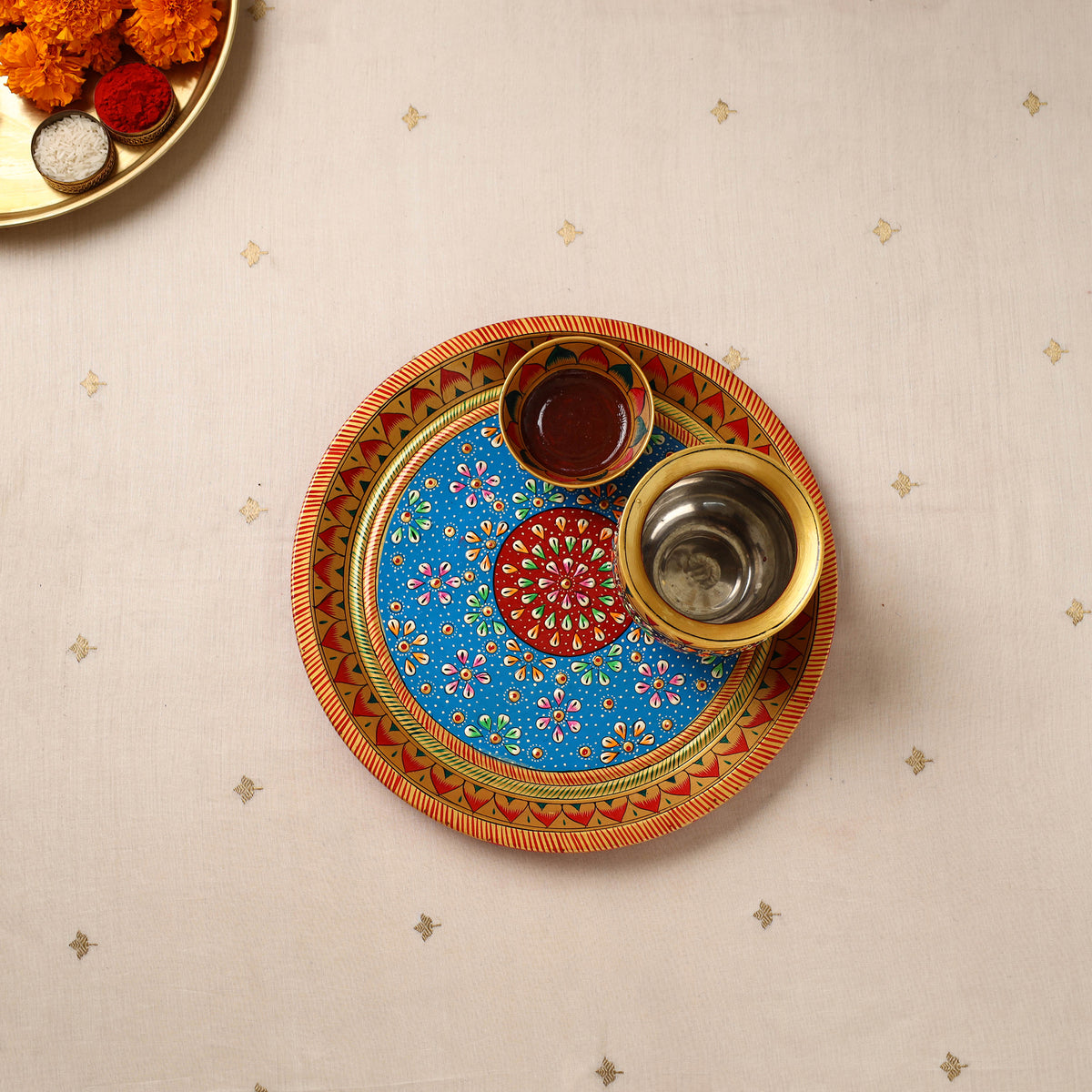 Handpainted Stainless Steel Pooja Thali, Kalash & Bowl 68