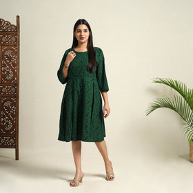 Buy Green Block Print Cotton Short Flared Bagh Dress