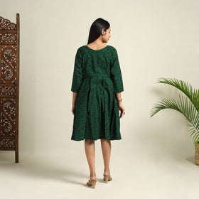 Buy Green Block Print Cotton Short Flared Bagh Dress