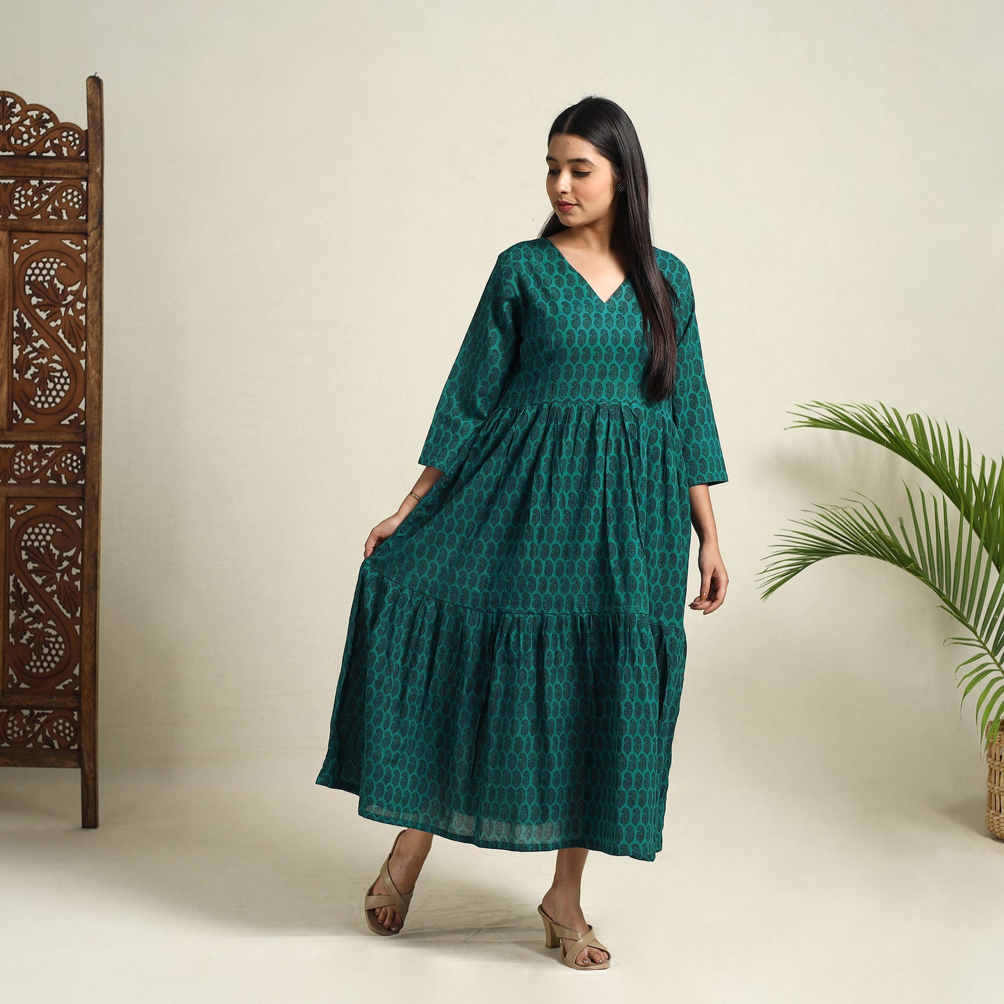  Green Block Print Mul Cotton Tiered Bagh Dress