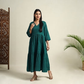  Green Block Print Mul Cotton Tiered Bagh Dress