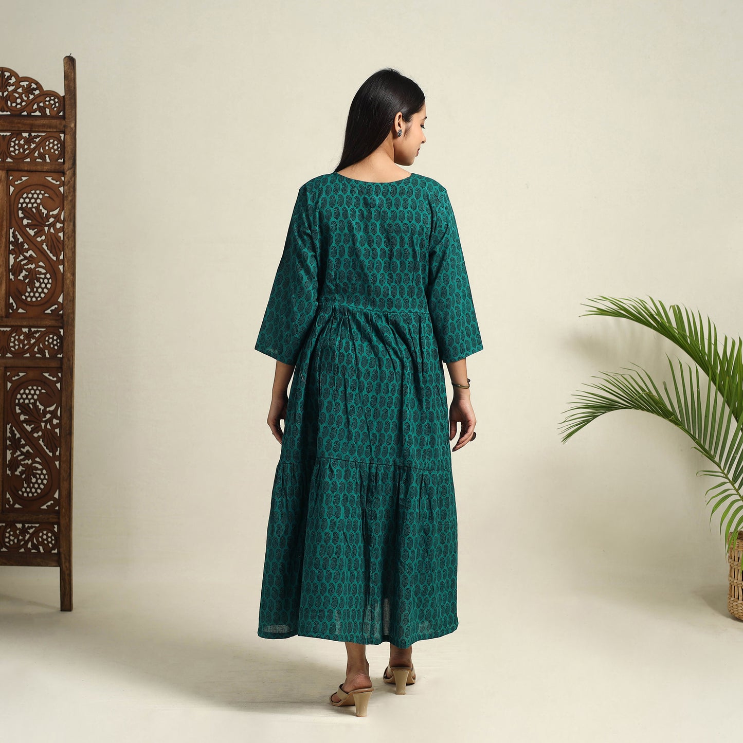  Green Block Print Mul Cotton Tiered Bagh Dress