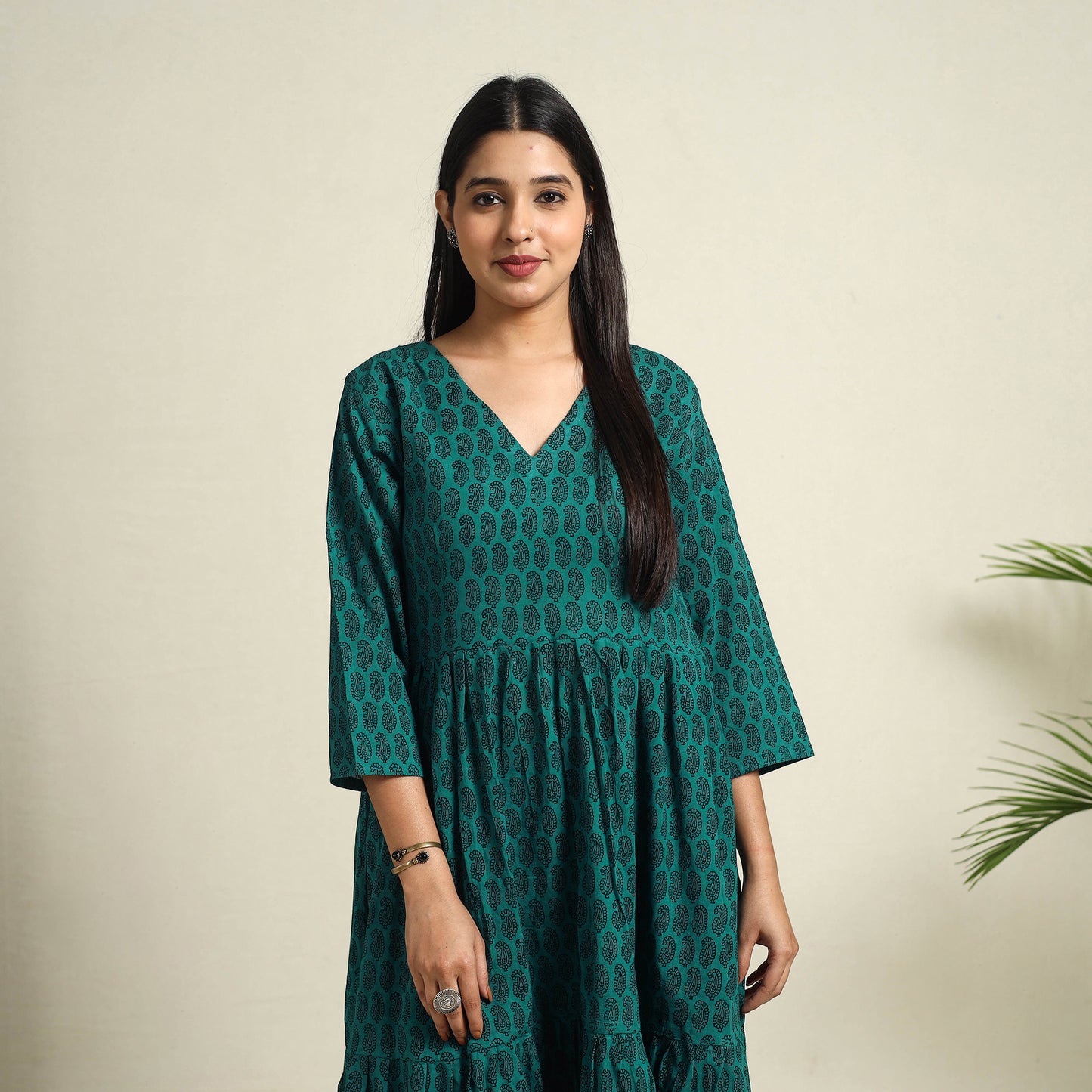  Green Block Print Mul Cotton Tiered Bagh Dress
