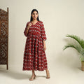  Red Block Print Mul Cotton Tiered Bagh Dress