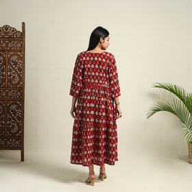 Red Block Print Mul Cotton Tiered Bagh Dress
