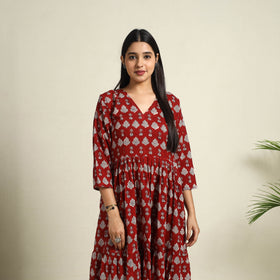  Red Block Print Mul Cotton Tiered Bagh Dress