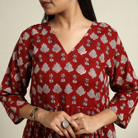  Red Block Print Mul Cotton Tiered Bagh Dress