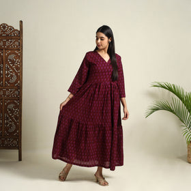  Maroon Block Print Mul Cotton Tiered Bagh Dress
