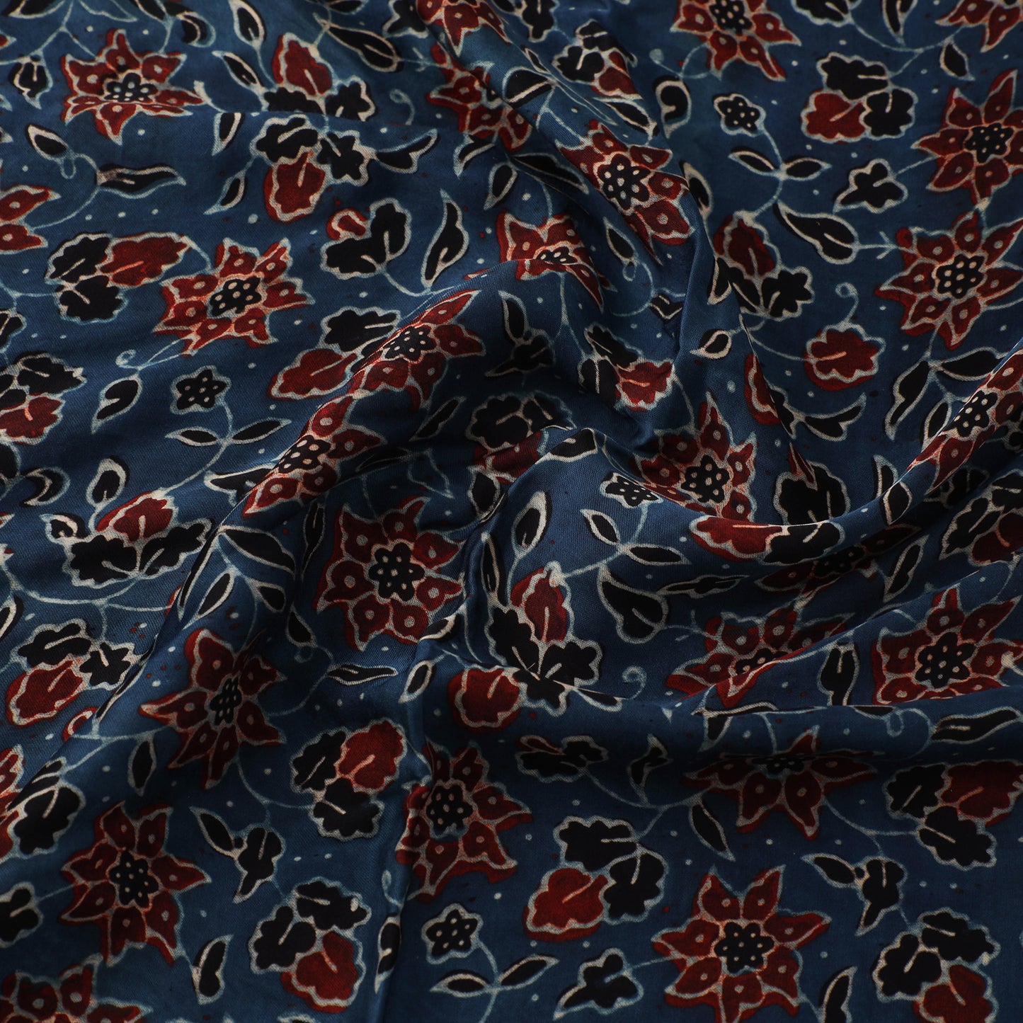 Blue - Ajrakh Hand Block Printed Modal Silk Fabric 03