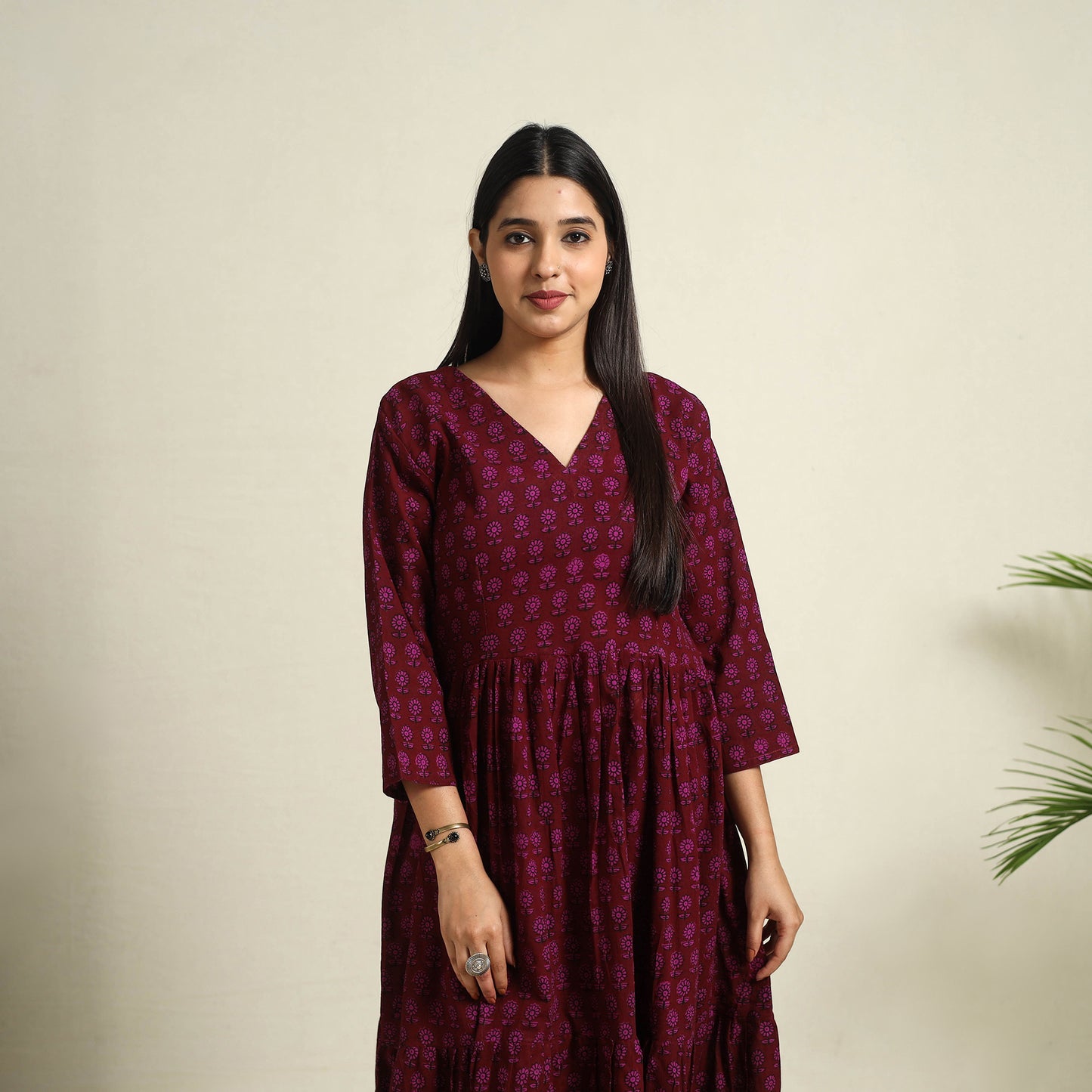  Maroon Block Print Mul Cotton Tiered Bagh Dress