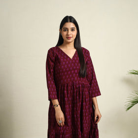  Maroon Block Print Mul Cotton Tiered Bagh Dress