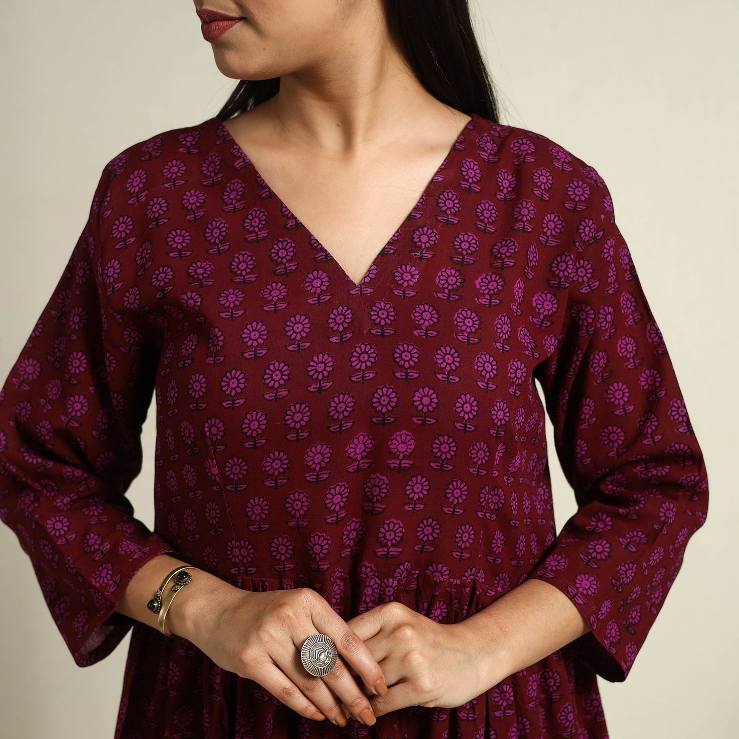  Maroon Block Print Mul Cotton Tiered Bagh Dress
