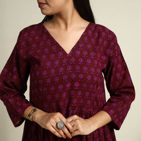  Maroon Block Print Mul Cotton Tiered Bagh Dress