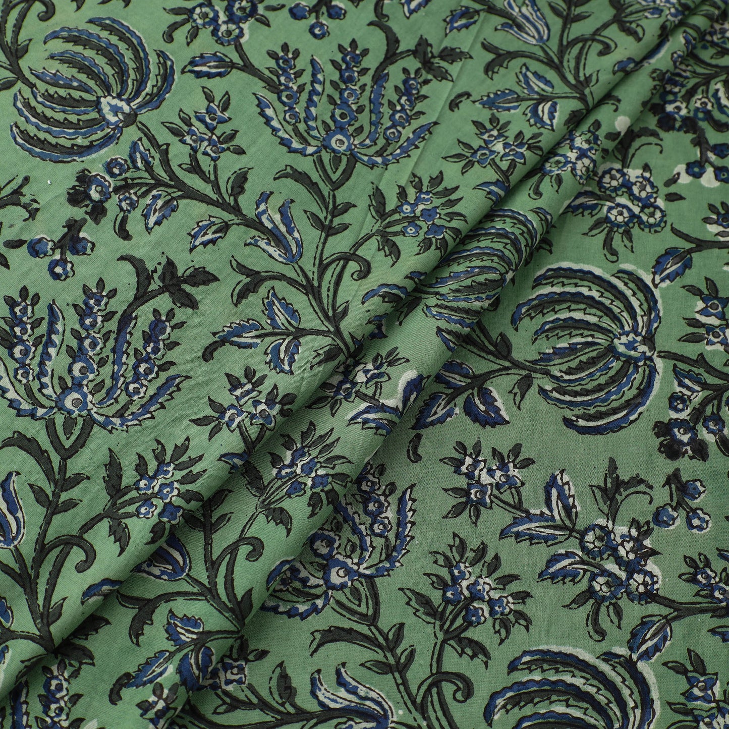 Green - Block Printed Cotton Dabu Bagru Fabric 07