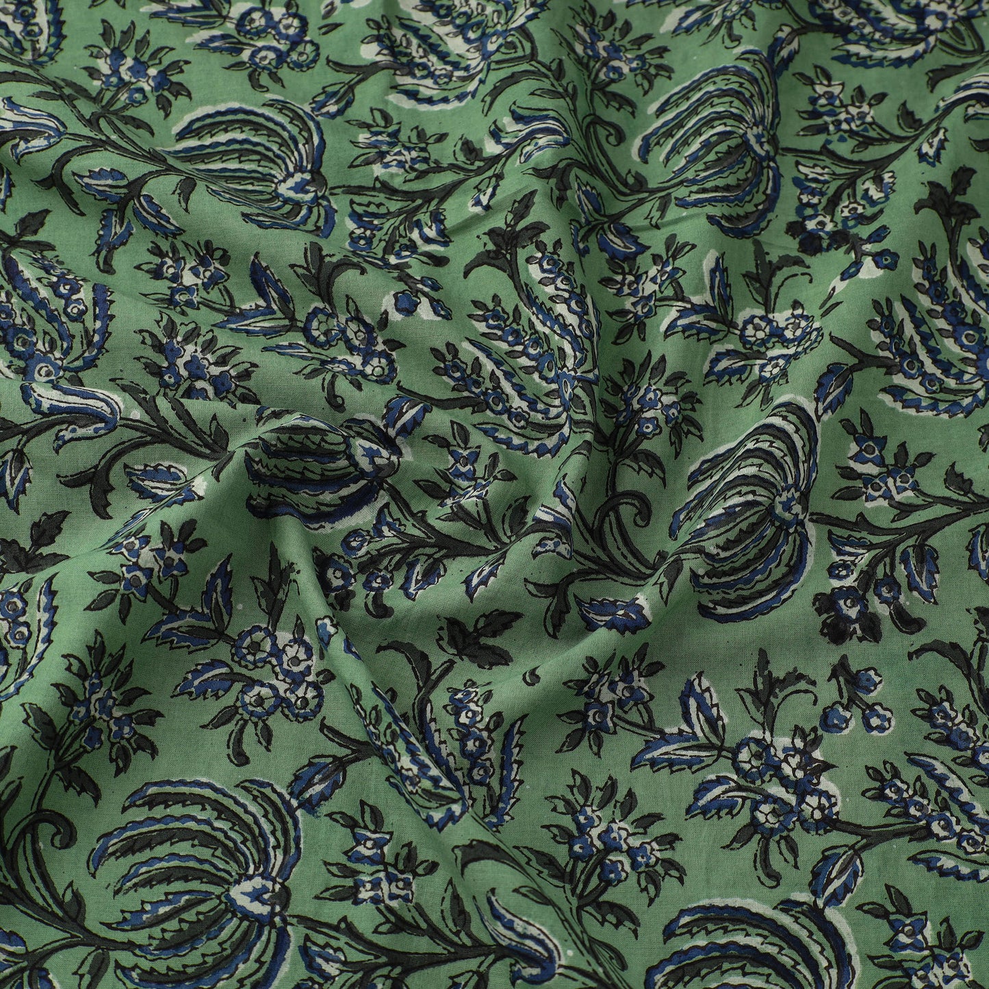 Green - Block Printed Cotton Dabu Bagru Fabric 07