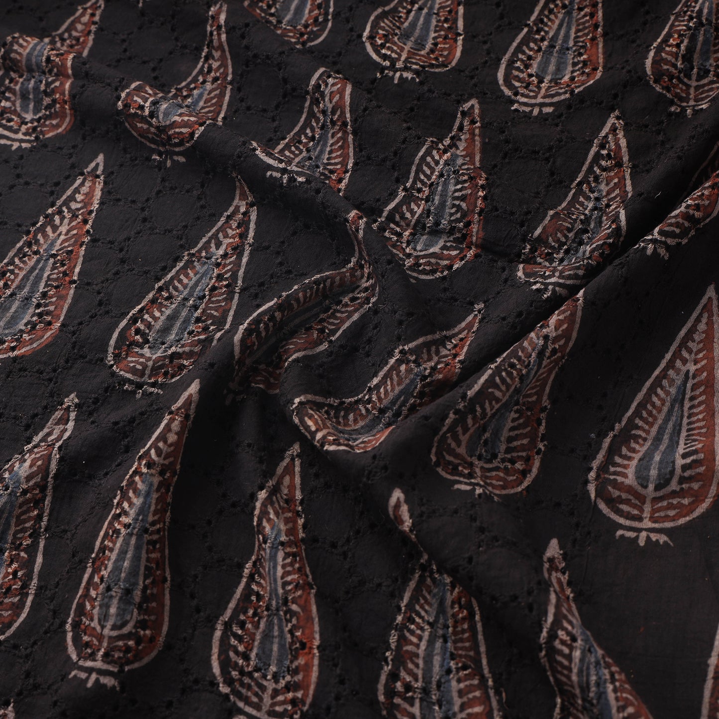 Black - Hakoba Hand Block Ajrakh Print Natural Dyed Cotton Fabric 145