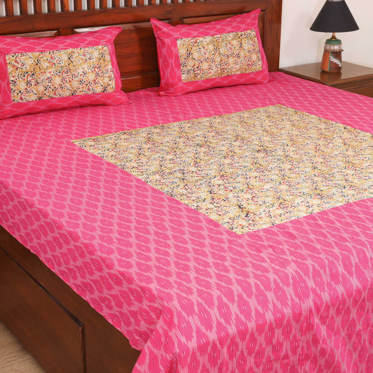 Pochampally Ikat with Kalamkari Patch Cotton Double Bedsheet Set (108 x 90 in) 05