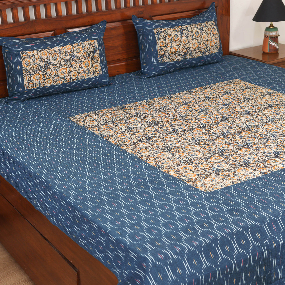 Pochampally Ikat with Kalamkari Patch Cotton Double Bedsheet Set (108 x 90 in) 04