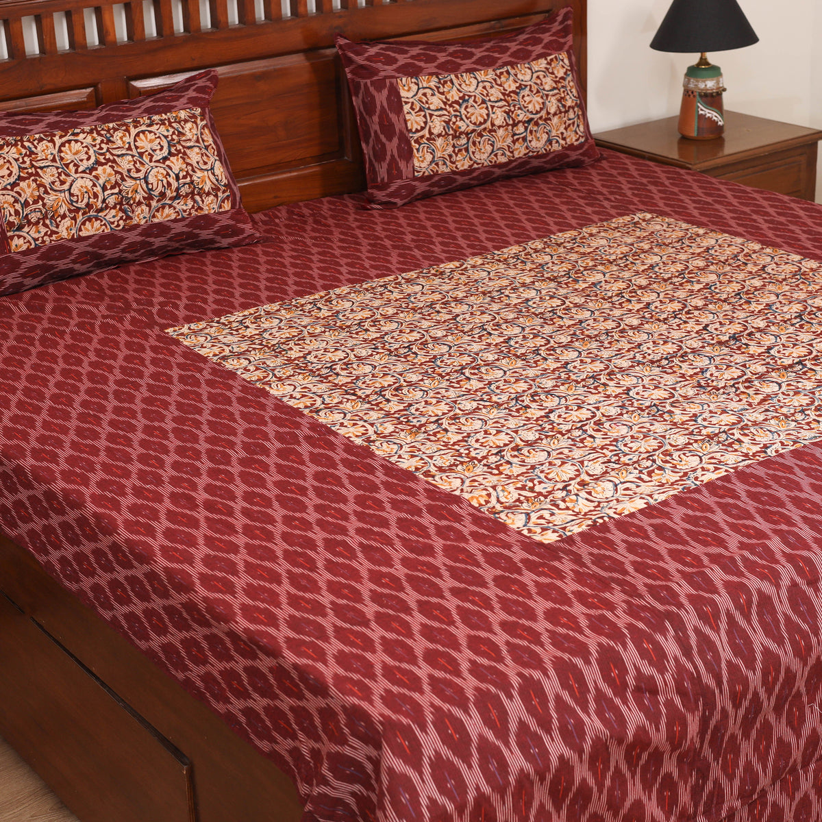 Pochampally Ikat with Kalamkari Patch Cotton Double Bedsheet Set (108 x 90 in) 03