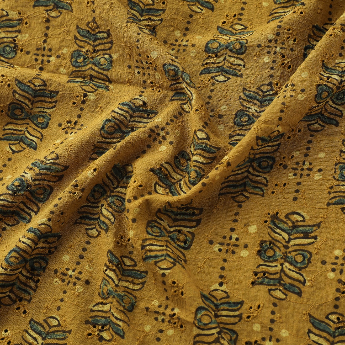Yellow - Hakoba Hand Block Ajrakh Print Natural Dyed Cotton Fabric 135