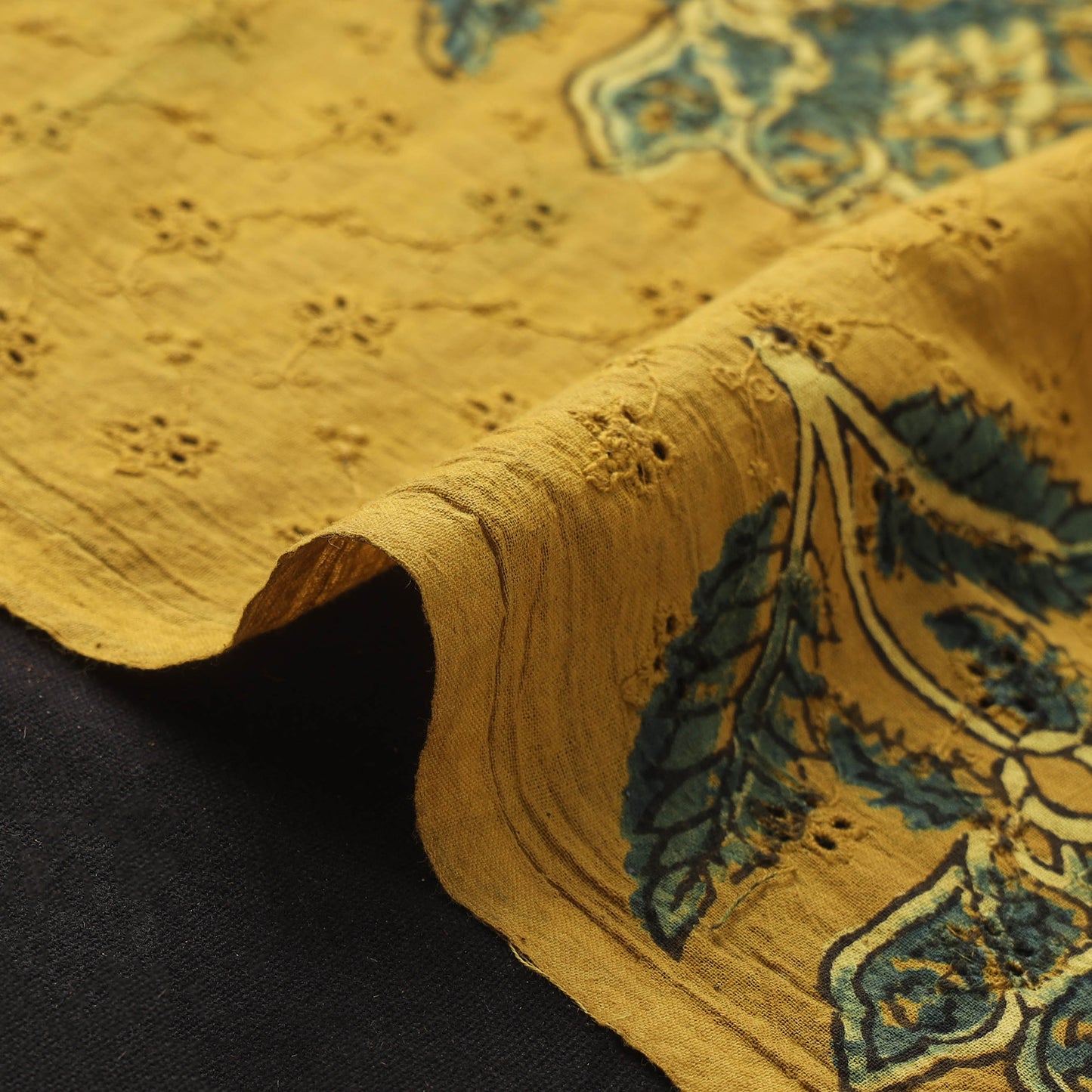 Yellow - Hakoba Hand Block Ajrakh Print Natural Dyed Cotton Fabric 132