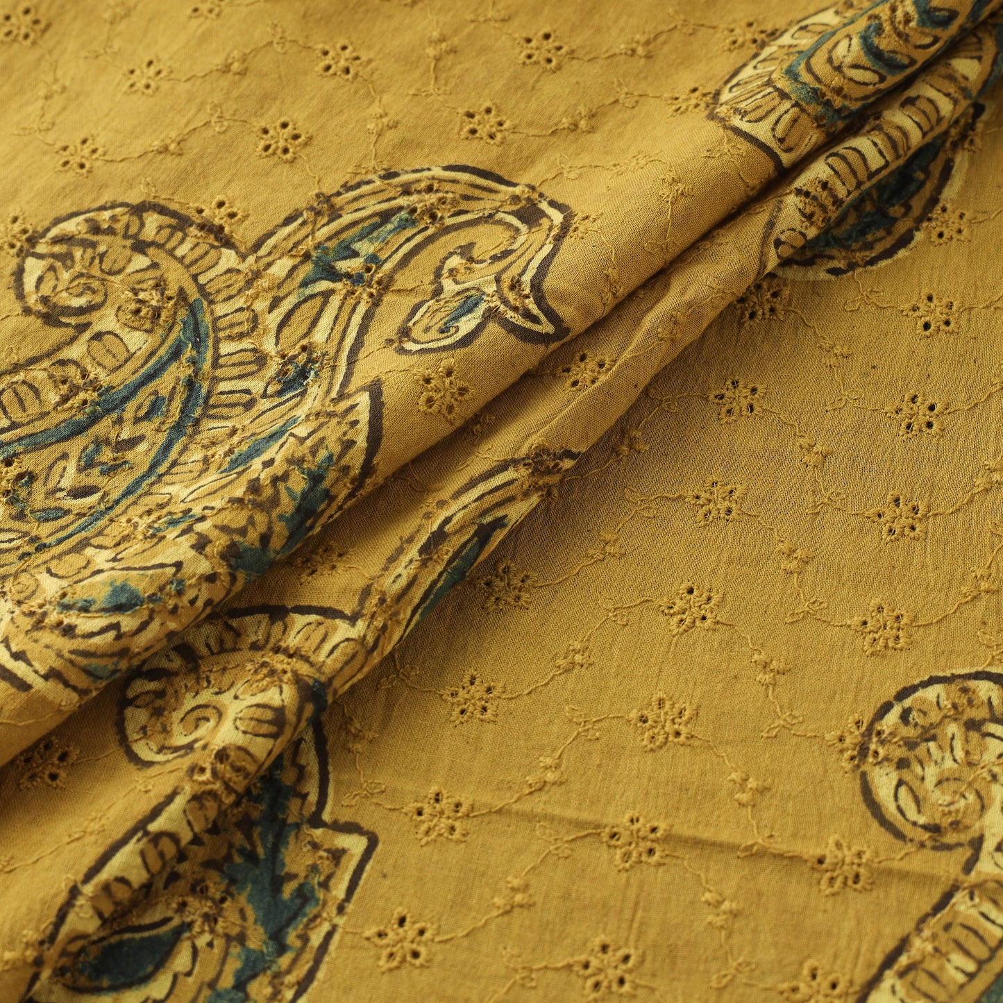 Yellow - Hakoba Hand Block Ajrakh Print Natural Dyed Cotton Fabric 130