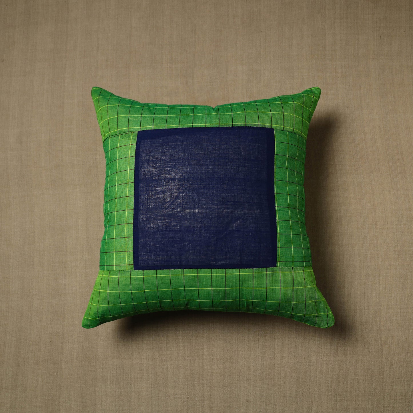 Green - Patchwork Cotton Kanchipuram Cushion Cover (16 x 16 in) 01