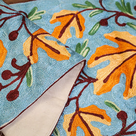 Sky Blue Crewel Wool Hand Embroidery Table Runner