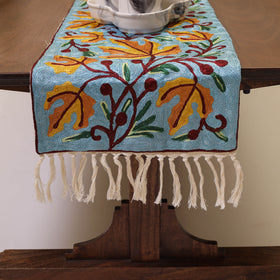 Sky Blue Crewel Wool Hand Embroidery Table Runner