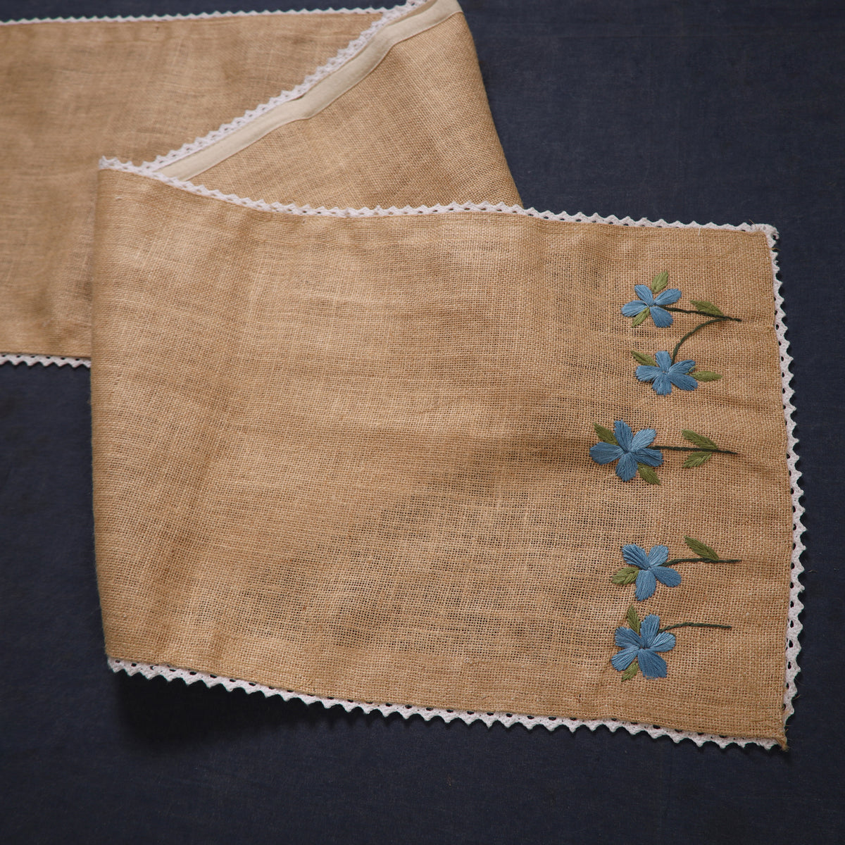Periwinkle Hand Embroidered Jute Table Runner