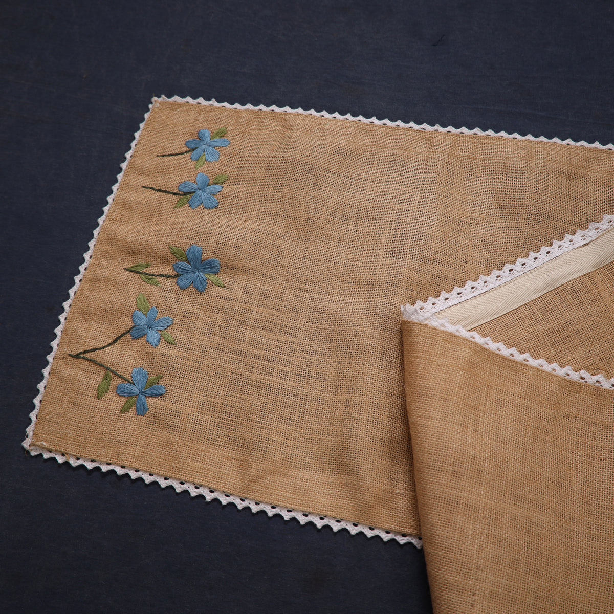 Periwinkle Hand Embroidered Jute Table Runner