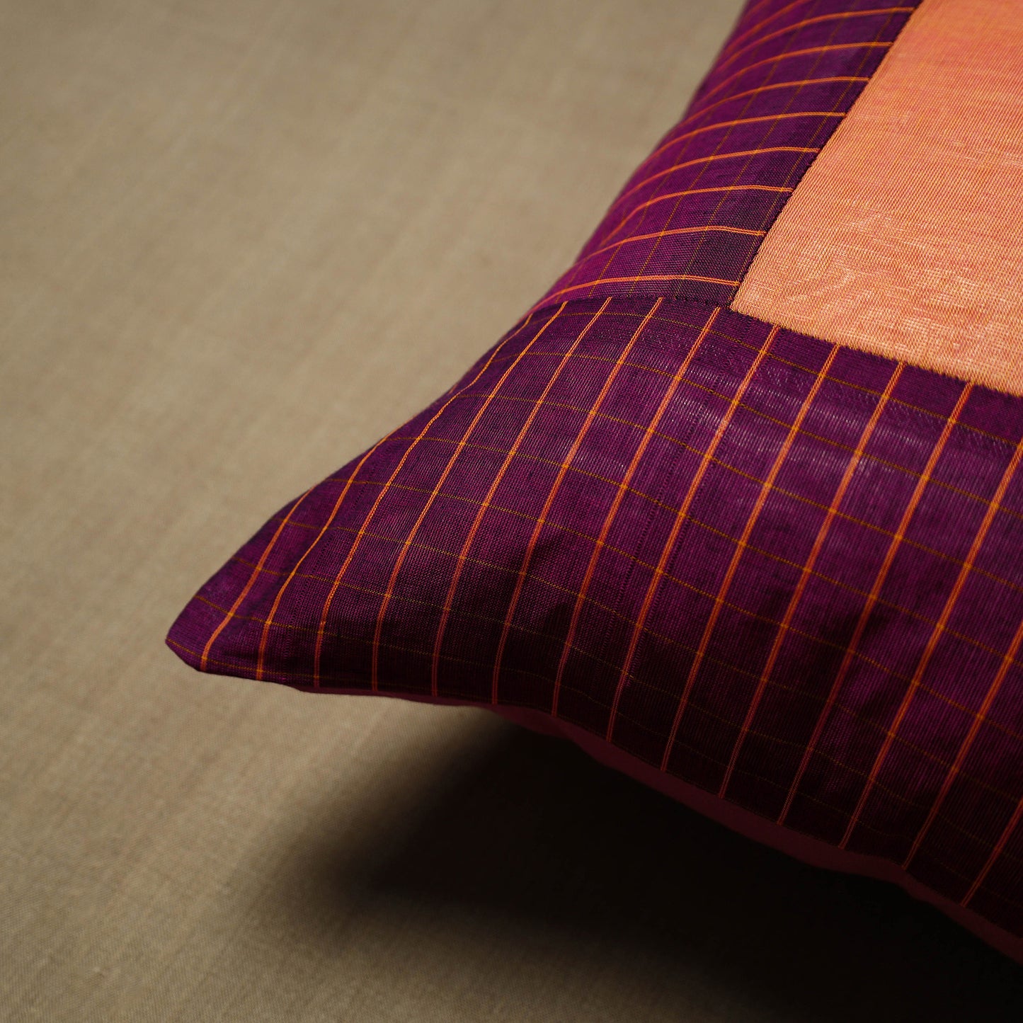 Purple - Patchwork Cotton Kanchipuram Cushion Cover (16 x 16 in) 07