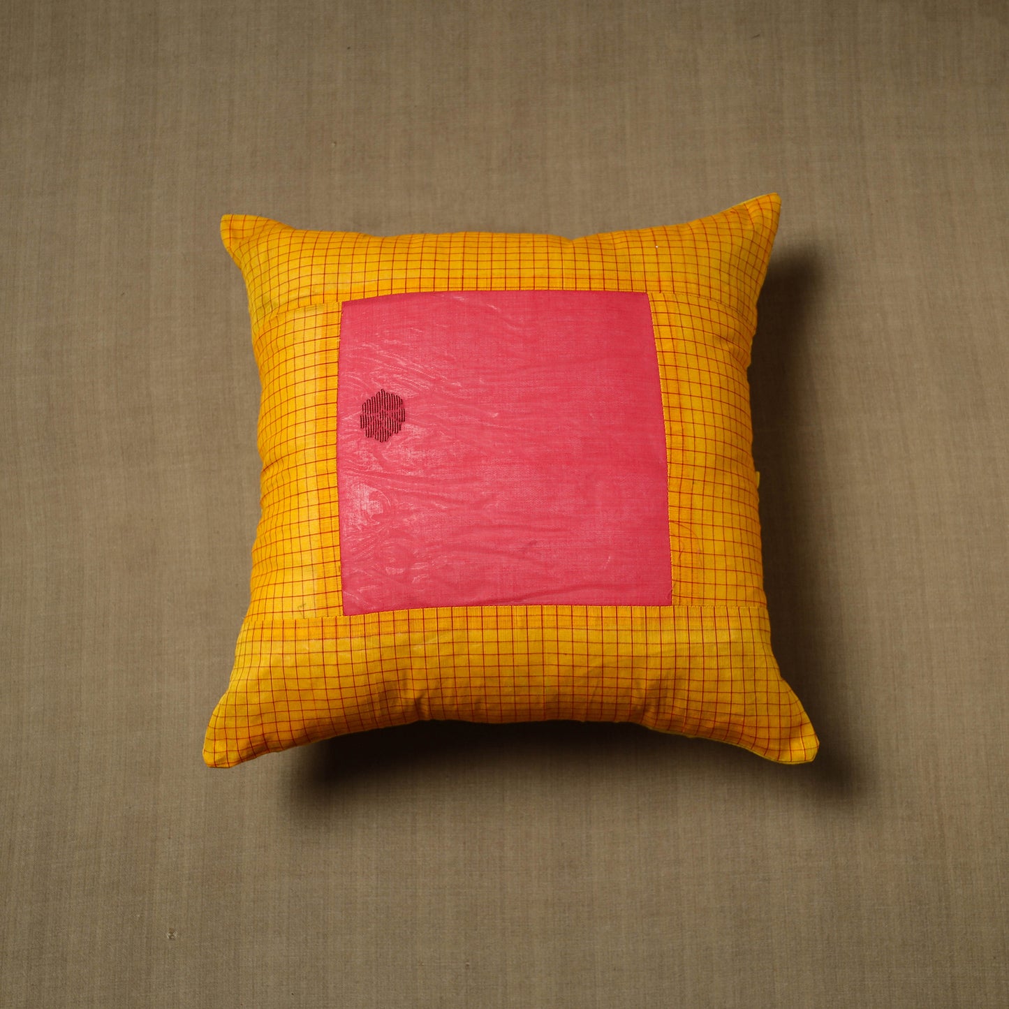 Yellow - Patchwork Cotton Kanchipuram Cushion Cover (16 x 16 in) 11