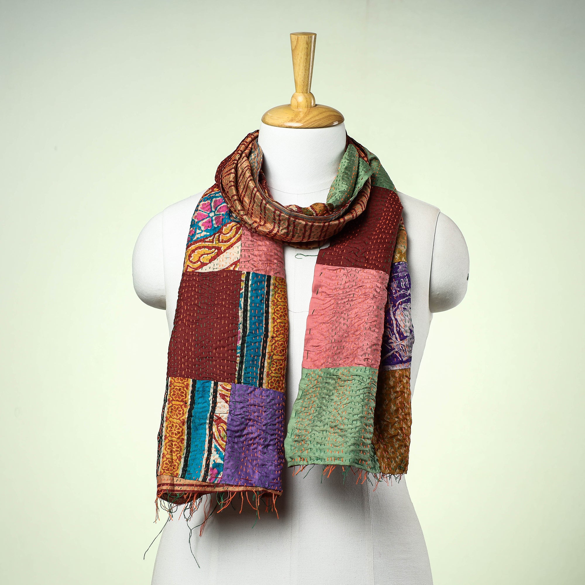 Multicolor - Bengal Kantha Work Reversible Patchwork Silk Stole 60
