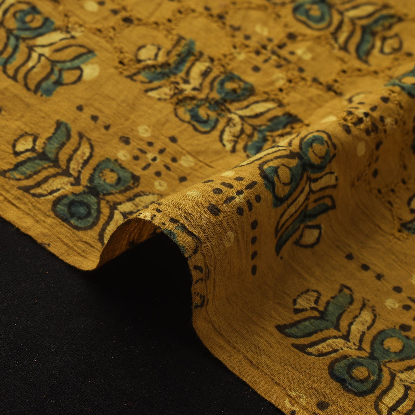 Yellow - Hakoba Hand Block Ajrakh Print Natural Dyed Cotton Fabric 129