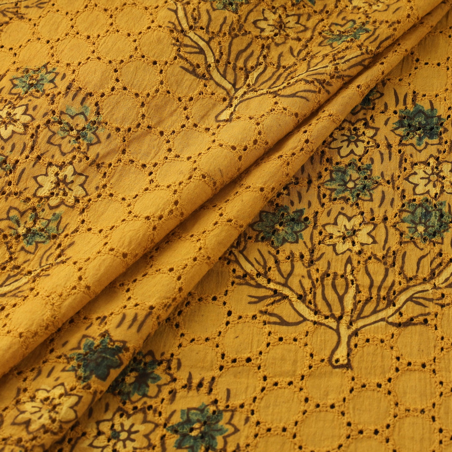 Yellow - Hakoba Hand Block Ajrakh Print Natural Dyed Cotton Fabric 127
