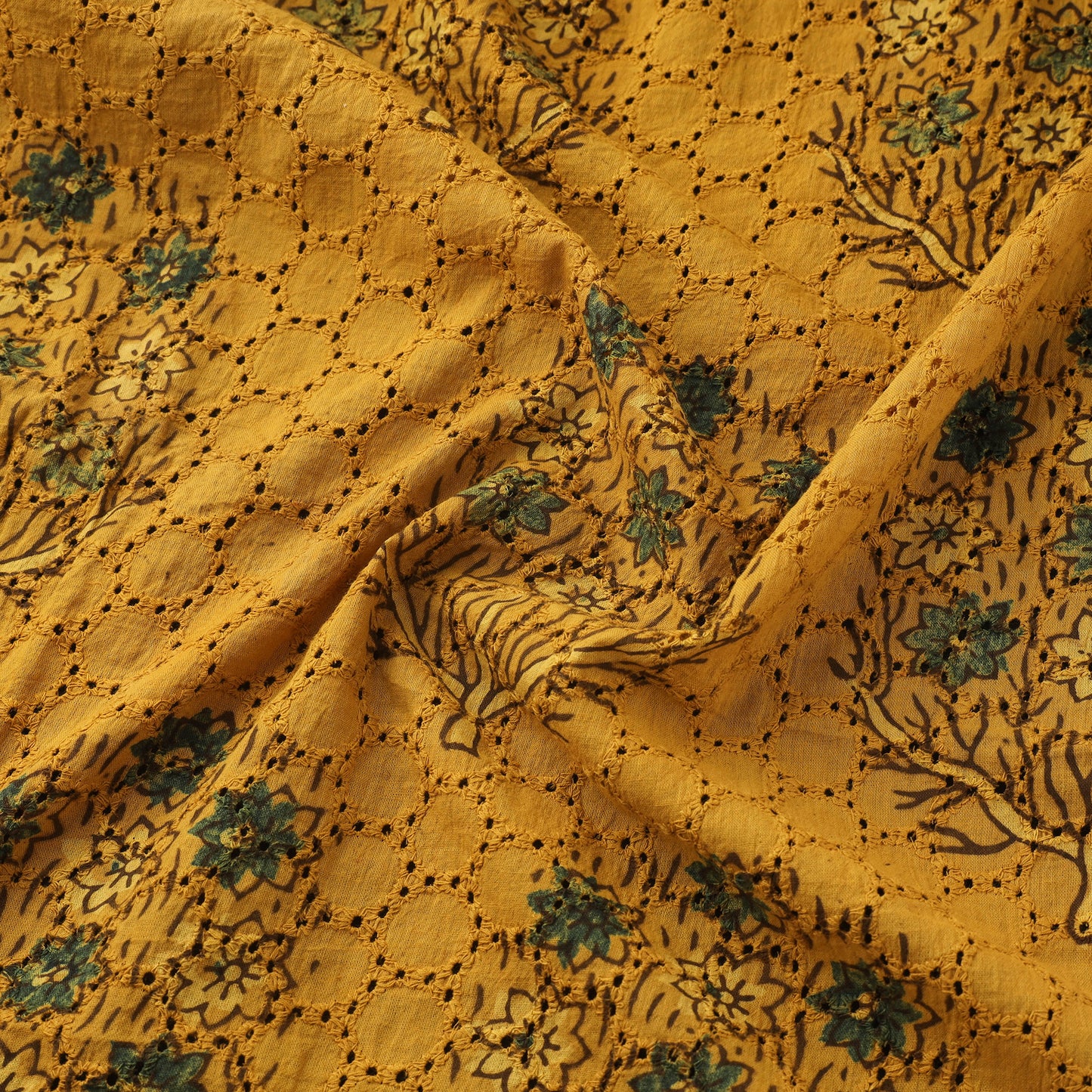 Yellow - Hakoba Hand Block Ajrakh Print Natural Dyed Cotton Fabric 127