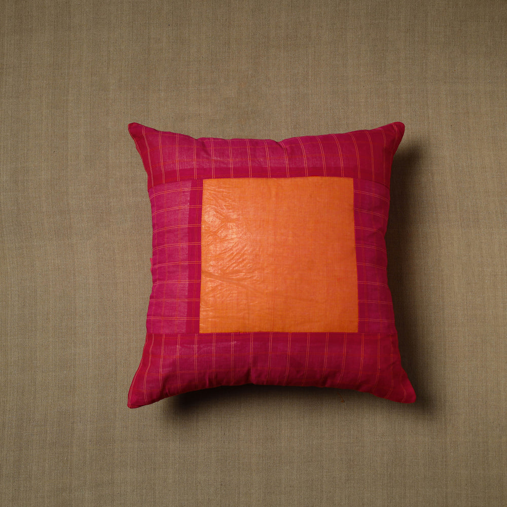 Pink - Patchwork Cotton Kanchipuram Cushion Cover (16 x 16 in) 24