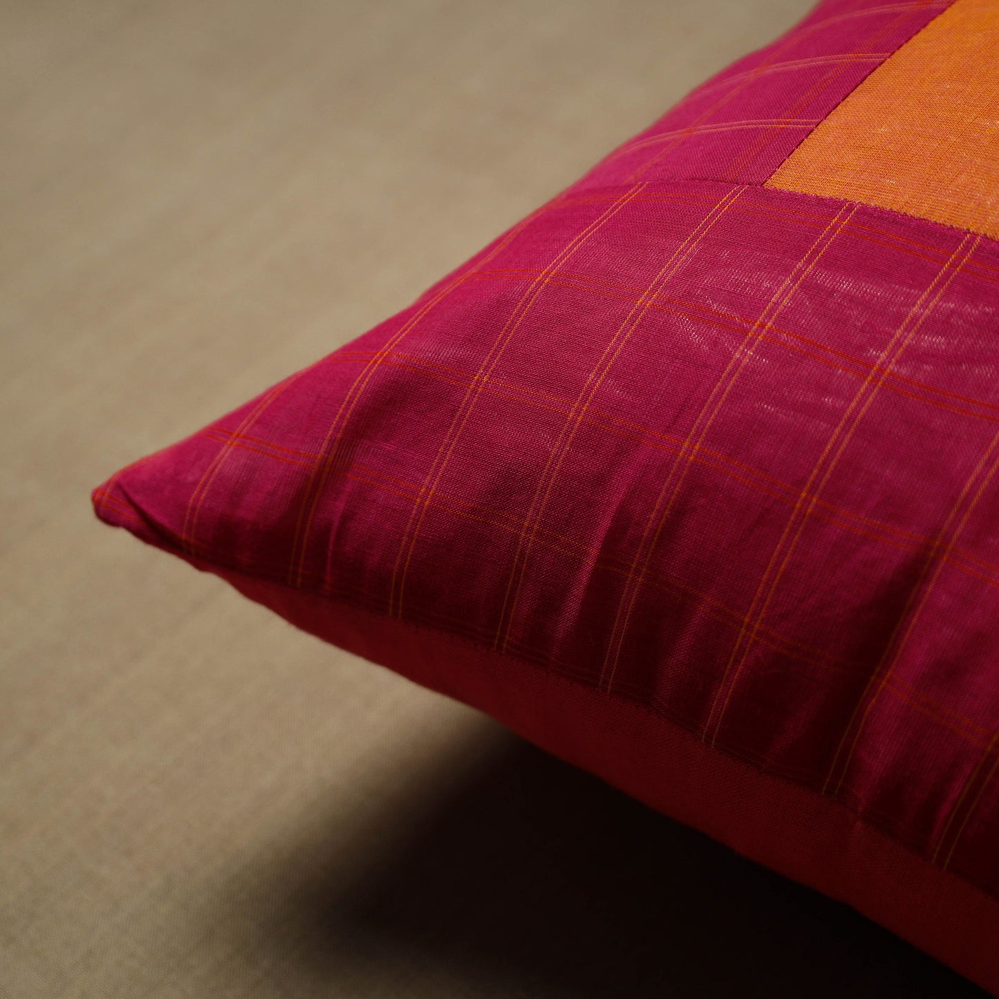 Pink - Patchwork Cotton Kanchipuram Cushion Cover (16 x 16 in) 24