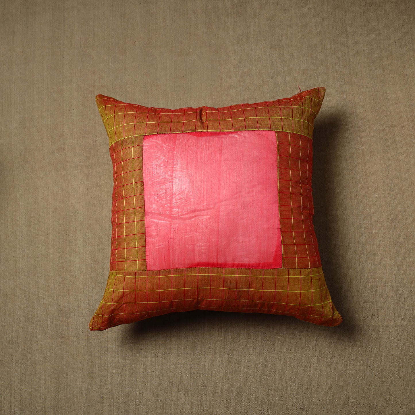 Brown - Patchwork Cotton Kanchipuram Cushion Cover (16 x 16 in) 28