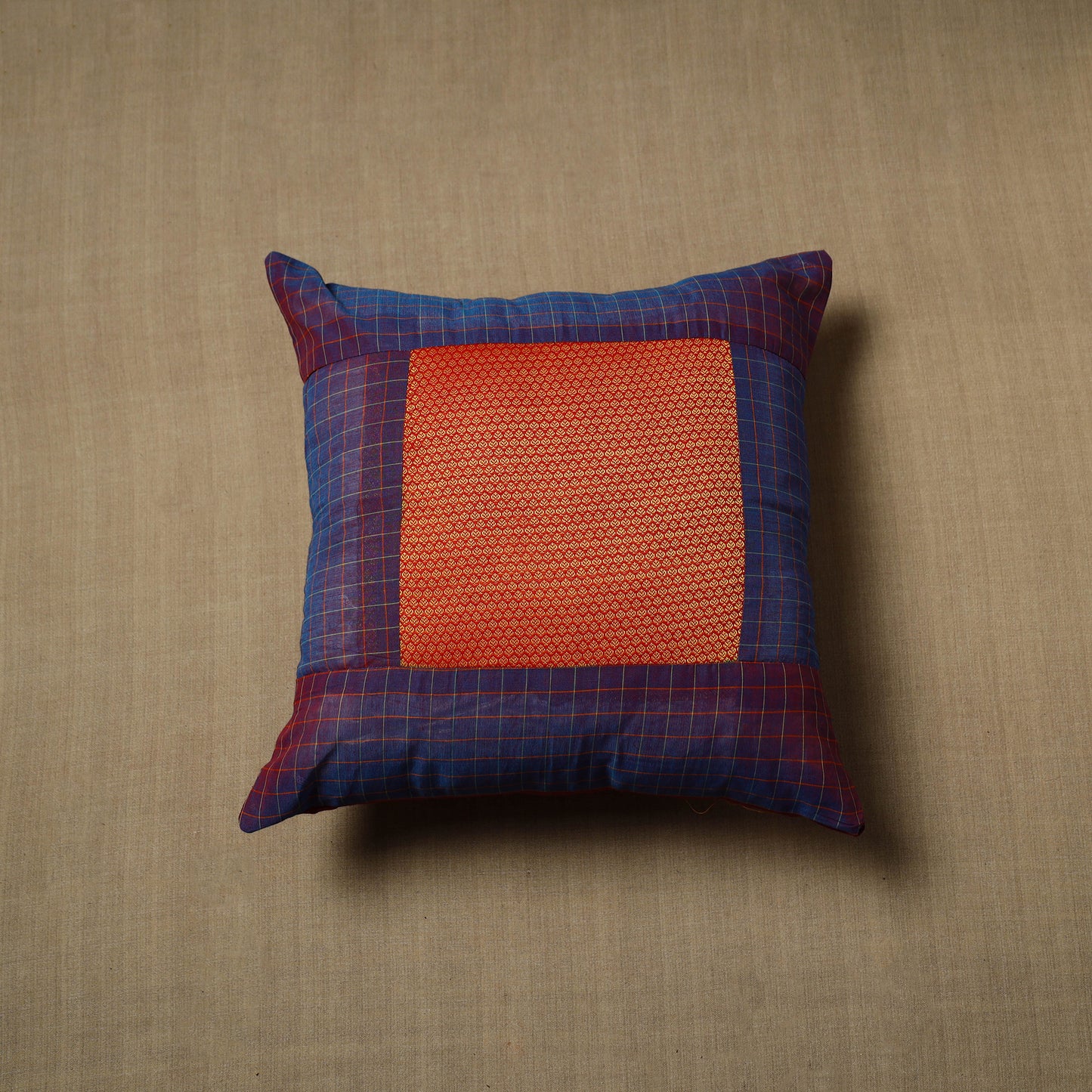 Blue - Patchwork Cotton Kanchipuram Cushion Cover (16 x 16 in) 30