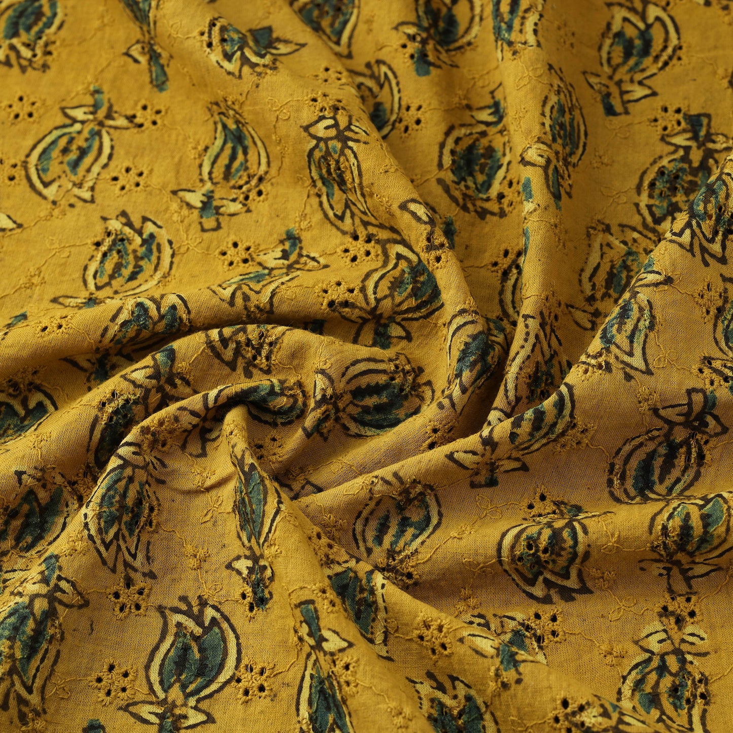 Yellow - Hakoba Hand Block Ajrakh Print Natural Dyed Cotton Fabric 113