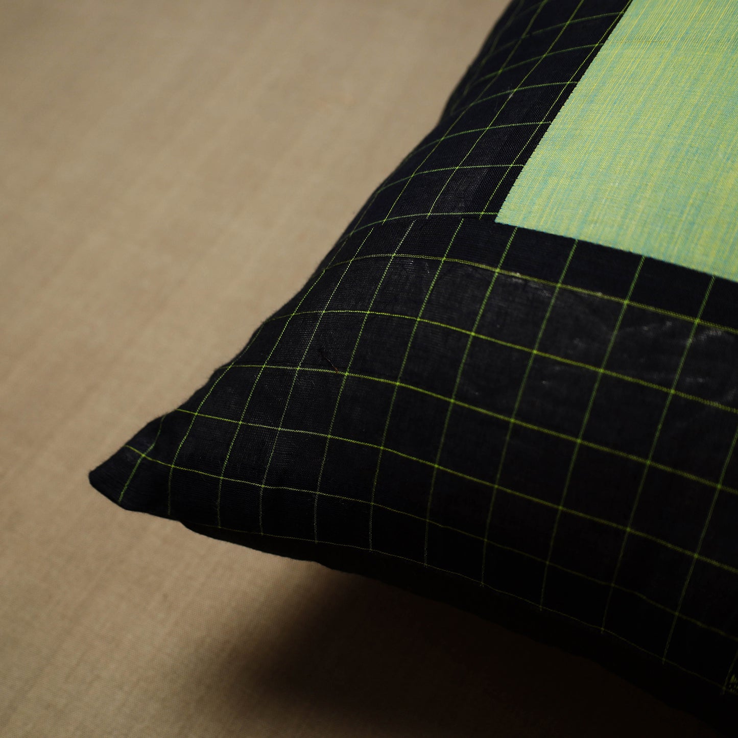 Black - Patchwork Cotton Kanchipuram Cushion Cover (16 x 16 in) 31